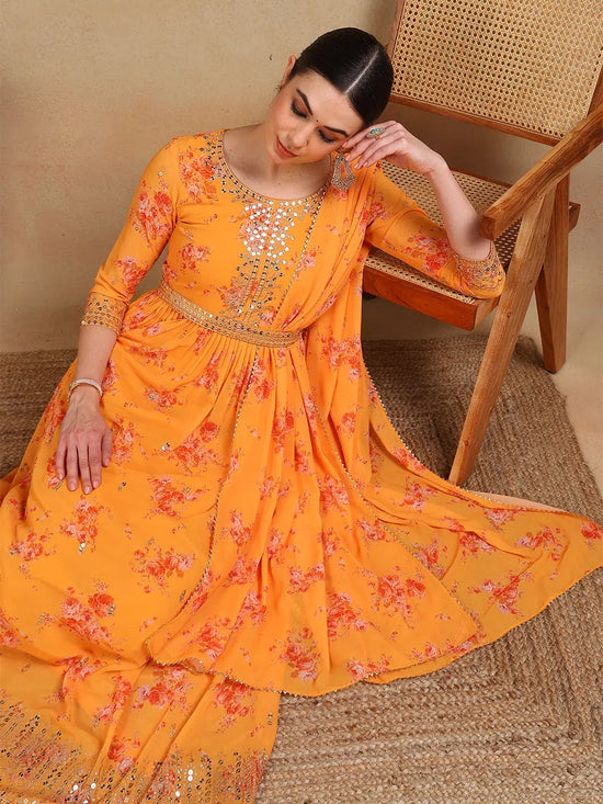 Ahika Women Orange Georgette Printed Anarkali Kurta Pant Set With Dupatta