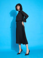 Women Black Ruffled Neck Blouse With Pleated Skirt