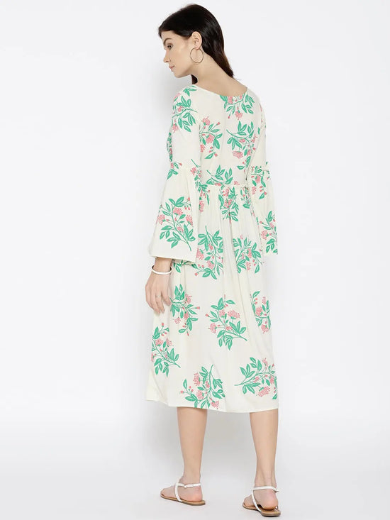 Foral Print Midi Dress with bell sleeve in Off White