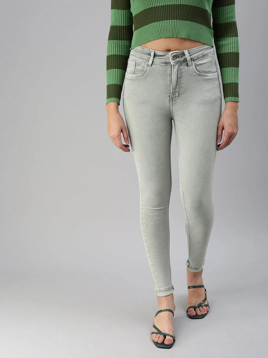 Women's Green Solid Denim Skinny Jeans-GZ-5154-Green