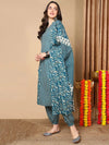 Ahika Women Teal Cotton Printed A-Line Kurta Salwar Set