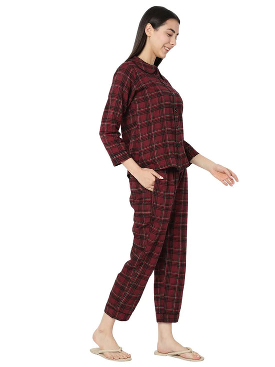 Smarty Pants Women's Brush Cotton Maroon Color Checks Night Suit