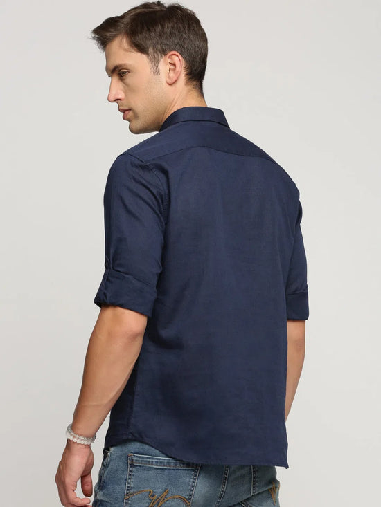 Men Navy Blue Solid Shirt Collar Casual Short Kurta-LAGOM-2013-Navyblue