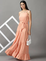 Women's Peach Solid Fit and Flare Dress-AE-15659-Peach