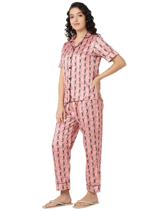 Smarty Pants Women's Silk Satin Rose Gold Color Aztec Printed Night Suit-SMNSP-936A-S