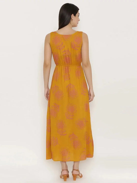 Block Printed Front overlap Maxi dress in Mustard