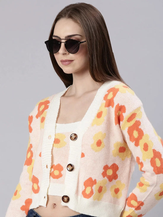 Women Peach Printed Cardigan-CHN-55043-Peach