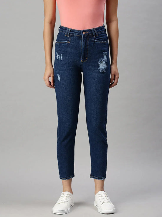 Women's Denim Navy Blue Mom Fit Jeans-GZ5027-Navyblue