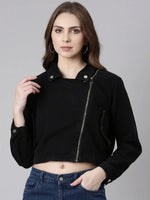 Women Black Solid Denim Jacket-CHN-9862-Black