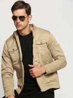 Men Beige Mock Collar Solid Tailored Jacket-SO-23-2-Beige