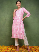 Ahika Women Pink Cotton Blend Floral Embroidered Straight Kurta