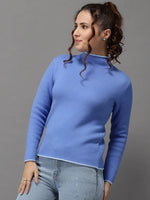 Women's Blue Solid Pullover Sweater-LH-S7081-Blue