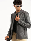 Men Grey Stand Collar Solid Tailored Jacket-2023A-Grey