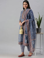 Women's Grey & Blue Printed Kurta Sets-BC1333-Grey