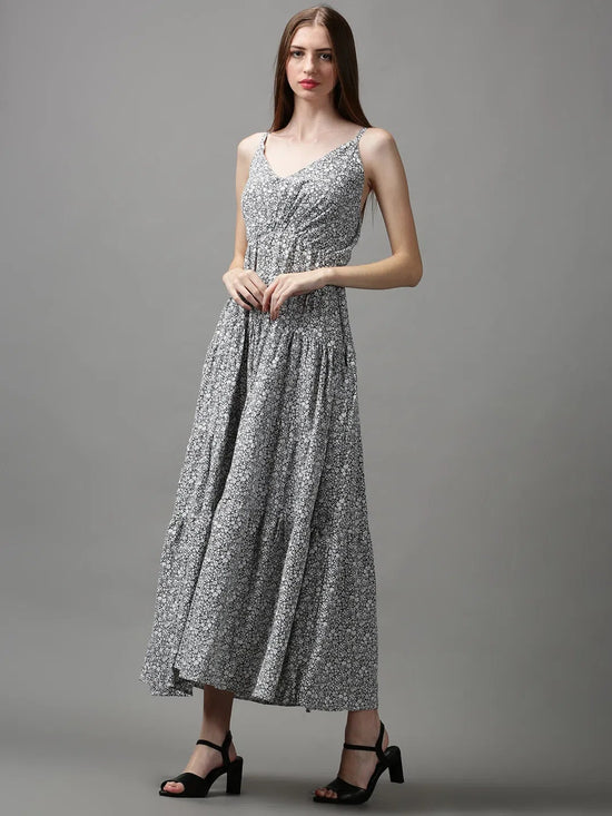 Women's Grey Printed Fit and Flare Dress-AE-15667-Grey