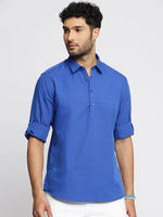 Men Blue Solid Shirt Collar Casual Short Kurta-LAGOM-2006-Blue