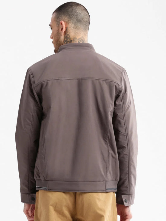 Men Mock Collar Grey Solid Bomber Jacket-ZD-3600-Grey