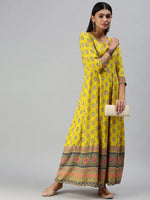 Women's Yellow Printed Anarkali Kurta-RF1245-Yellow