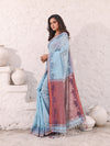 Baby Blue Cotton Soft Saree With Temple Border And Woven Designs-MA54BCT04660058