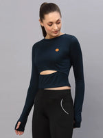 Rigo Blue Cut-Out Waist Round Neck Full Sleeve Activewear Crop Top