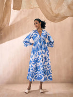 Women Blue & White Ikat V-Neck Gathered Midi Dress