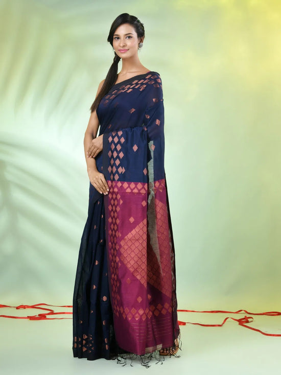 Navy Blue Cotton Saree With Geomatric Patterns-MA66BCT43830037