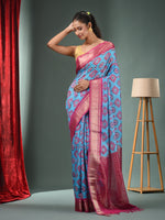 Sky Blue Blended Silk Handwoven Ajrakh Print Saree-MA50BSL34830019