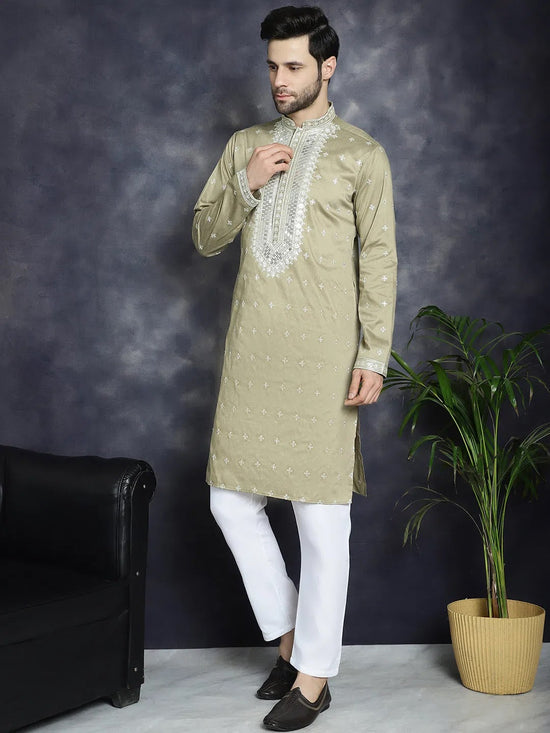 Men's Sequins Embroidered Kurta Pyjama Set.-JOKP-P-5038Beige