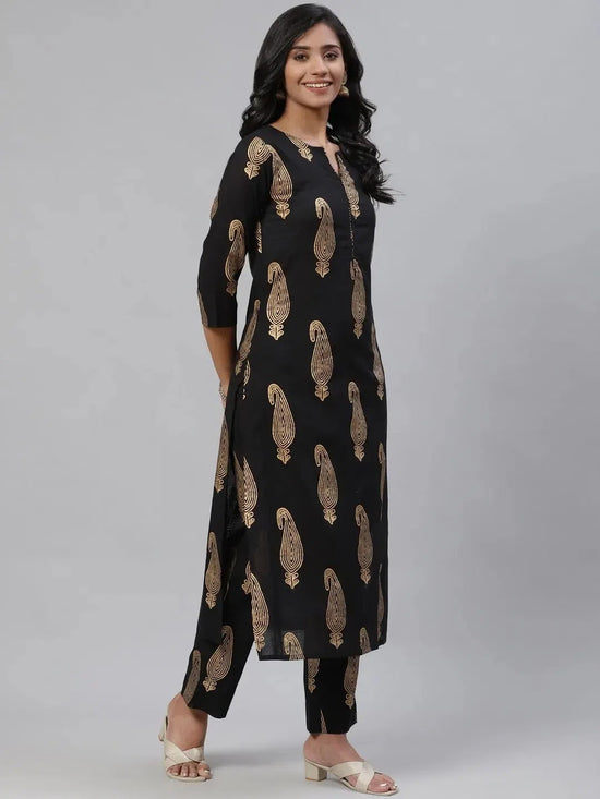 Ahika Women Black Cotton Printed Straight Kurta Pant Set-VKSKD1220_L