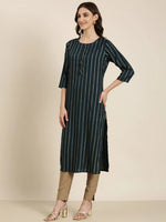 Women Teal Striped Straight Kurta-GW-3914-Teal