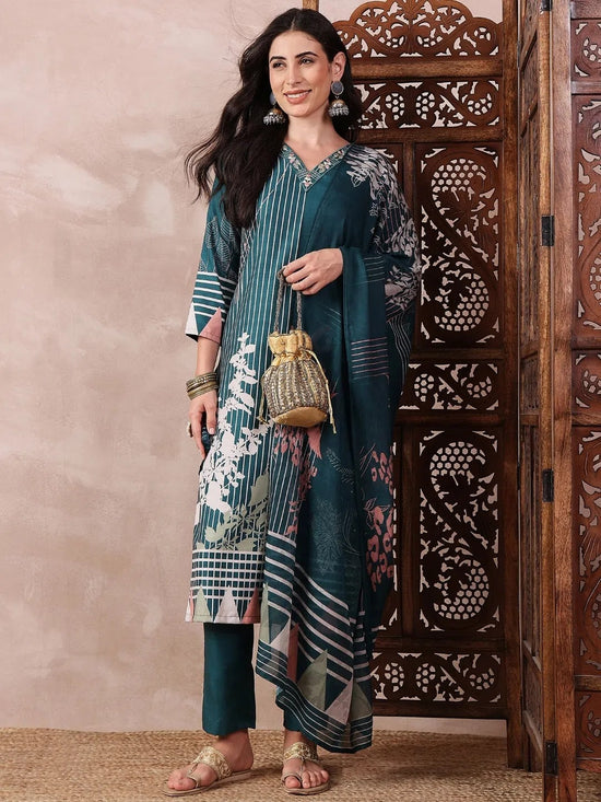 Ahika Women Teal Silk Blend Abstract Printed Straight Kurta Trouser With Dupatta-PKSKD2547TIL