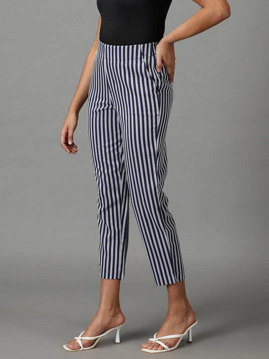 Women's Navy Blue Striped Formal Trouser-IM-9897-Navyblue