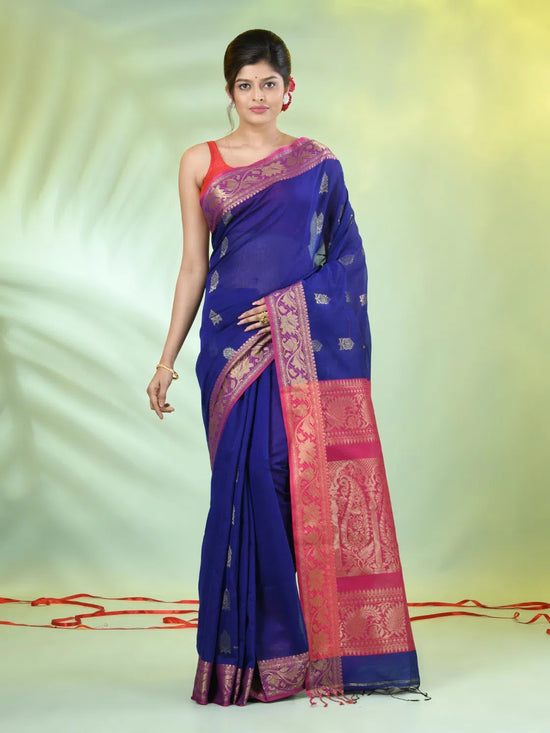 Blue Cotton Saree With Nakshi Zari Borders-MA66BCT431050027