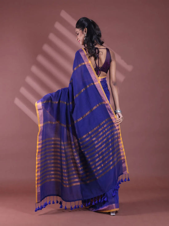 Blue Pure Cotton Zari Stripe Soft Saree With Zari Border-MA59CT06520062