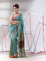 Ice Blue Patli-Pallu Cotton Saree With Stripes Zari Borders-MA55CT06520103