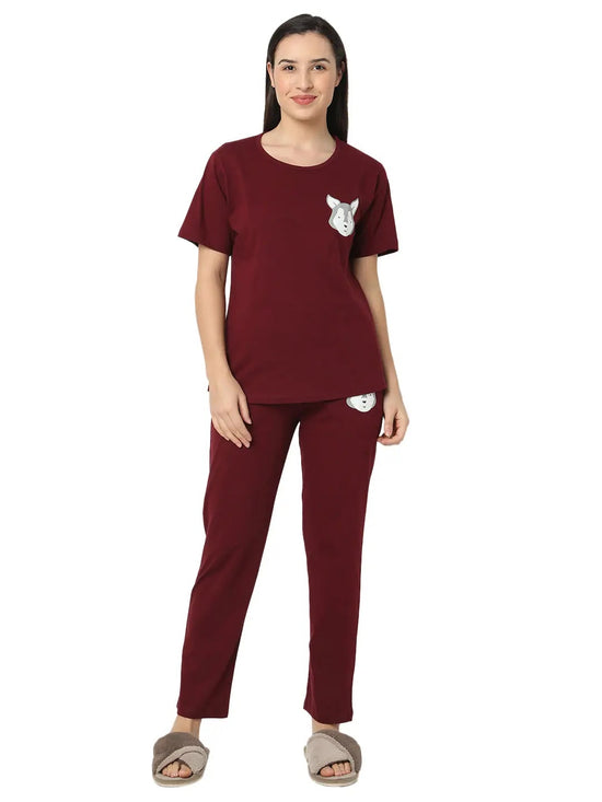 Smarty Pants Women's Cotton Lycra Maroon Color Husky Dog Print Night Suit