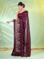 All Over Thread Floral Embroidery Burnt Burgundy Cotton Saree-MA62CT33610073