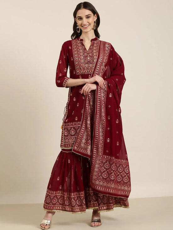 Women Maroon Floral Kurta Set-TF-156-Maroon