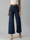 Women's Navy Blue Solid Denim Wide Leg Jeans-GZ5042-Navyblue