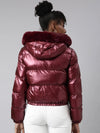 Women Solid Maroon Puffer Jacket Comes with Detachable Hood-8815-Maroon