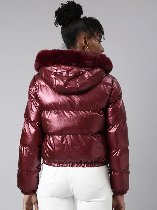 Women Solid Maroon Puffer Jacket Comes with Detachable Hood-8815-Maroon