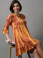 Women's Brown Tie Dye Empire Dress-ON-584-Brown