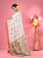 White Cotton Handspun Handwoven Saree With Jute Weaving Pallu-MA51CH431930039