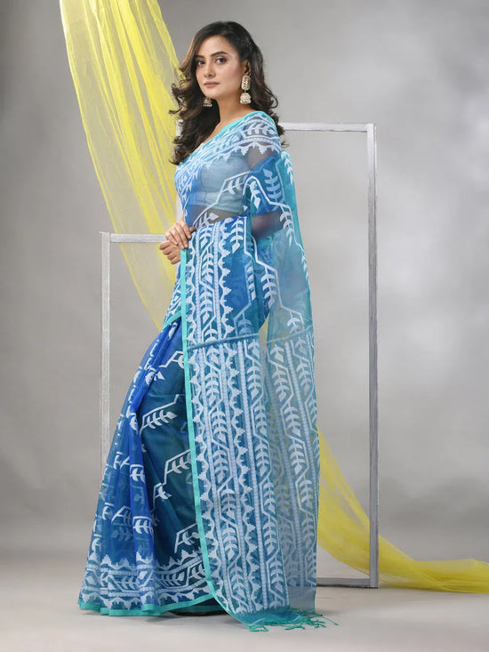 Turquoise Muslin Saree With Jamdani Designs-MA57MS331540005