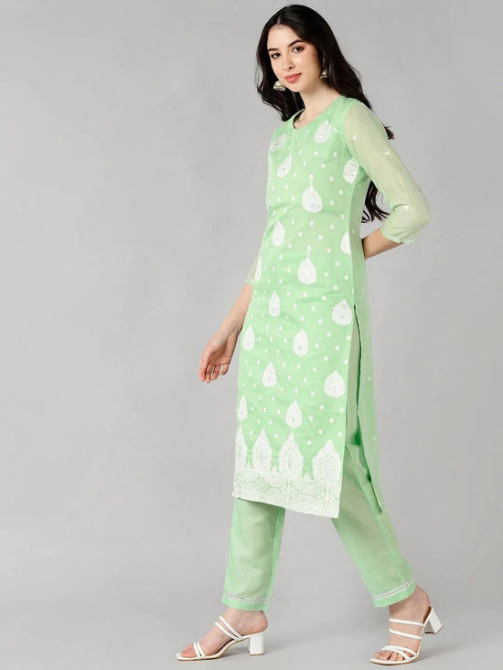 Ahika Women Green Woven Design Kurta Trousers With Dupatta 2