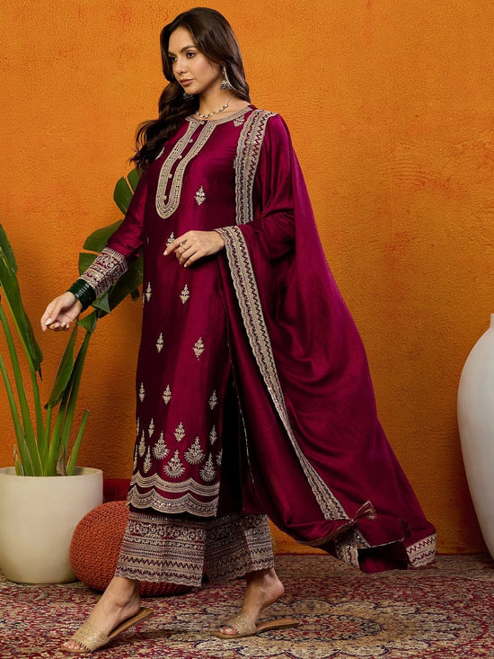 Ahika Women Maroon Silk Blend Embroidered Straight Kurta Palazzo Set With Dupatta