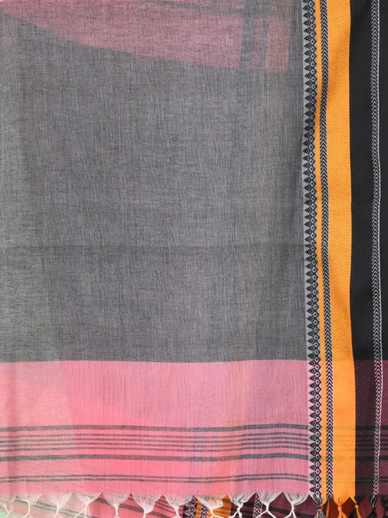 Grey Cotton Saree With Temple Borders-MA66CT43640009