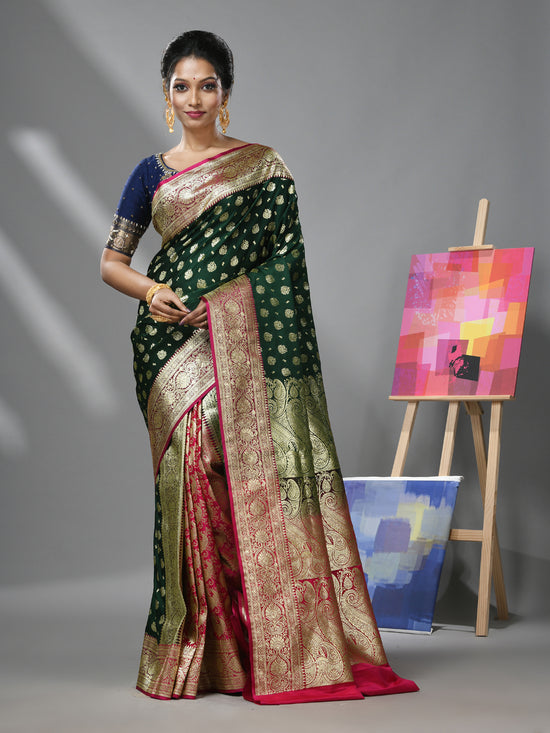 Castleton Green And Pink Katan Silk Banarasi Patli Pallu Saree With Zari Woven Designs-MA52KA441380082