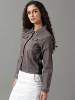 Women's Taupe Solid Denim Jacket-AE-9501-Taupe