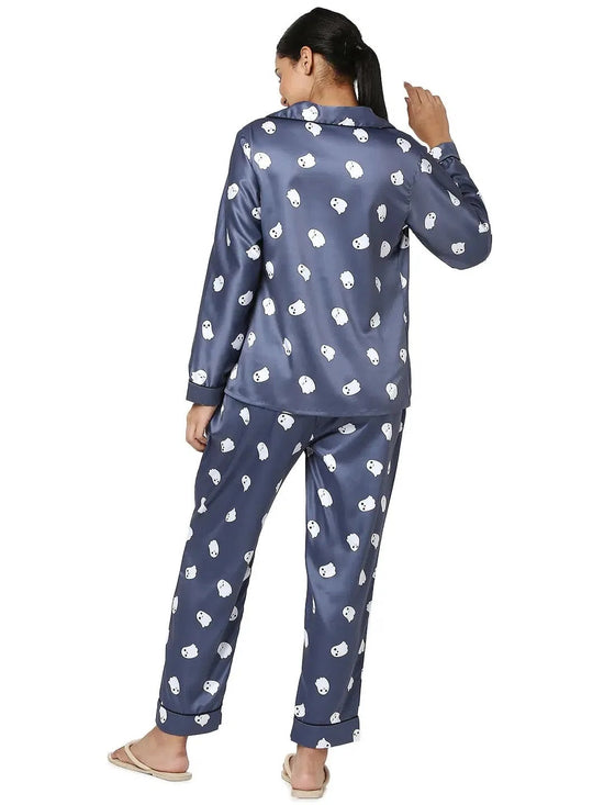 Smarty Pants Women's Silk Satin Dark Blue Color Ghost Print Full Sleeves Night Suit